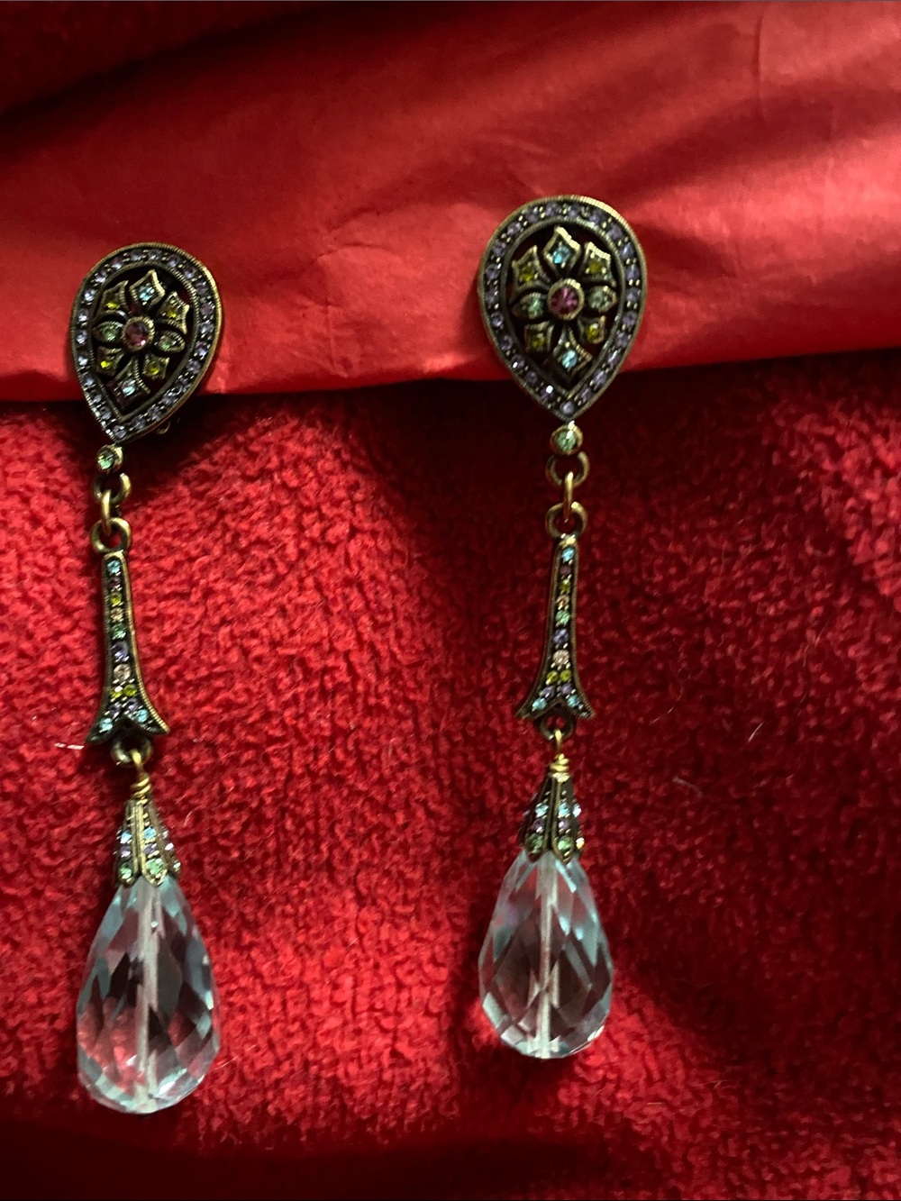 Heidi Daus Gold-Tone Drop Earrings with Clear Crystal Teardrops clip on backs